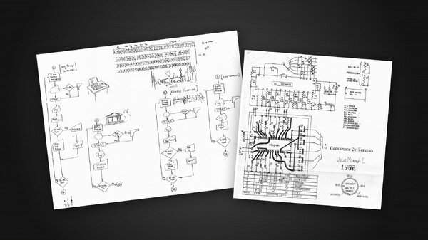 XBitcoin and first sound machine, very thin line drawings (1992 and 1982)