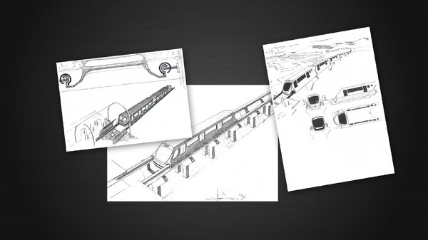 Prototyping magnetic train at Implementum, very thin hatch drawings (1993)